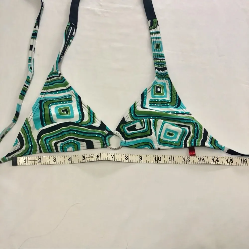 Gossip Geometric Print Triangle Bikini Silver Ring Accents Turquoise Back White